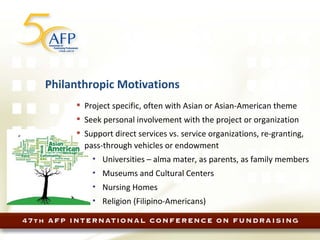 Philanthropic Motivations Project specific, often with Asian or Asian-American theme Seek personal involvement with the project or organization Support direct services vs. service organizations, re-granting, pass-through vehicles or endowment Universities – alma mater, as parents, as family members Museums and Cultural Centers Nursing Homes Religion (Filipino-Americans) 