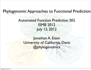 Phylogenomic Approaches to Functional Prediction

                        Automated Function Prediction SIG
                                   ISMB 2012
                                  July 13, 2012

                                Jonathan A. Eisen
                          University of California, Davis
                               @phylogenomics




Saturday, July 14, 12
 