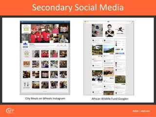 Secondary Social Media
City Meals on Wheels Instagram African Wildlife Fund Google+
 