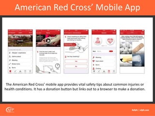 American Red Cross’ Mobile App
The American Red Cross’ mobile app provides vital safety tips about common injuries or
health conditions. It has a donation button but links out to a browser to make a donation.
 