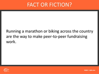 Running a marathon or biking across the country
are the way to make peer-to-peer fundraising
work.
FACT OR FICTION?
 