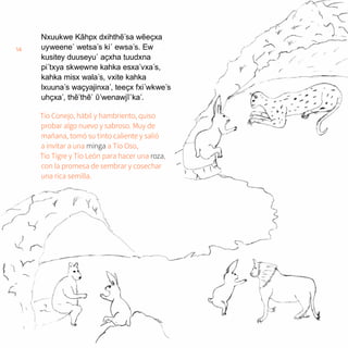 14
Nxuukwe Kãhpx dxihthẽ´sa wẽeҫxa
uyweene´ wetsa´s ki´ ewsa´s. Ew
kusitey duuseyu´ aҫxha tuudxna
pi´txya skwewne kahka esxa´vxa´s,
kahka misx wala´s, vxite kahka
lxuuna´s waҫyajinxa´, teeҫx fxi´wkwe´s
uhҫxa´, thẽ´thẽ´ ῦ´wenawjĩ´ka´.
Tío Conejo, hábil y hambriento, quiso
probar algo nuevo y sabroso. Muy de
mañana, tomó su tinto caliente y salió
a invitar a una minga a Tío Oso,
Tío Tigre y Tío León para hacer una roza,
con la promesa de sembrar y cosechar
una rica semilla.
 