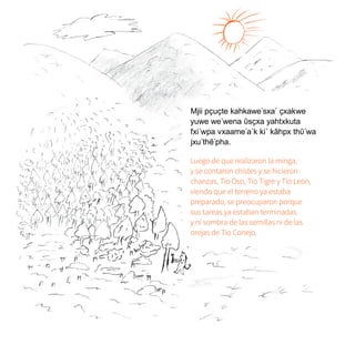 Mjii pҫuҫte kahkawe´sxa´ ҫxakwe
yuwe we´wena ῦsҫxa yahtxkuta
fxi´wpa vxaame´a´k ki´ kãhpx thῦ´wa
jxu´thẽ´pha.
Luego de que realizaron la minga,
y se contaron chistes y se hicieron
chanzas, Tío Oso, Tío Tigre y Tío León,
viendo que el terreno ya estaba
preparado, se preocuparon porque
sus tareas ya estaban terminadas
y ni sombra de las semillas ni de las
orejas de Tío Conejo.
 