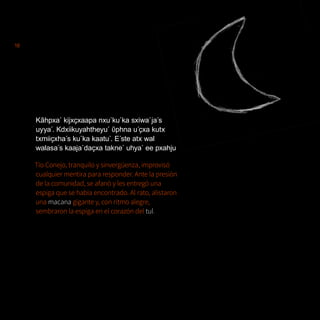 18
Kãhpxa´ kijxҫxaapa nxu´ku´ka sxiwa´ja´s
uyya´. Kdxiikuyahtheyu´ ῦphna u´ҫxa kutx
txmiiҫxha´s ku´ka kaatu´. E´ste atx wal
walasa´s kaaja´daҫxa takne´ uhya´ ee pxahju
Tío Conejo, tranquilo y sinvergüenza, improvisó
cualquier mentira para responder. Ante la presión
de la comunidad, se afanó y les entregó una
espiga que se había encontrado. Al rato, alistaron
una macana gigante y, con ritmo alegre,
sembraron la espiga en el corazón del tul.
 