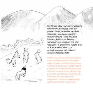 24
Eh thẽ´gsa jxtey yuumete´ ki´ pkhakhe
wala vxittxi´, naateyaja´ wala ew
yafxtxi phadeҫxa atxahtx nxuukwe
misx wala, nxuukwe esxavx ki´
nxuukwe lxuuna´, vxite nxuukwe
kãhpxtxi jxpxitxnxitx. Txãnsay
we´weҫxa´ een pҫuҫteta´ jiyu´ eha´
wejx yaҫu´ ῦ´ pkaҫxyeyu´ jweeka e´su
u´. Kãhpx isxinxi´s kuҫxҫxa´
nxinxukwewe´sxa dxi´ pakwetx
nxuukwe kãhpx pa´kate.
Tío Oso, Tío Tigre y Tío León convocaron
a otra asamblea, en la que discutieron
sobre el trabajo realizado por los nuevos
invitados de Tío Conejo. Luego de opinar
y evaluar, al final del día concluyeron que
el cultivo, en vez de ir para adelante, iba
para atrás. Cansados de las picardías de
Tío Conejo, los tíos trabajadores
empezaron a pensar en una estrategia:
¡vamos a confrontar a Tío Conejo!
 