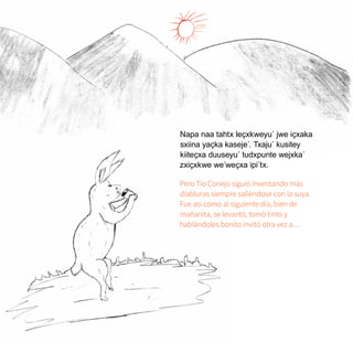 25
Napa naa tahtx leҫxkweyu´ jwe iҫxaka
sxiina yaҫka kaseje´. Txaju´ kusitey
kiiteҫxa duuseyu´ tudxpunte wejxka´
zxiҫxkwe we´weҫxa ipi´tx.
Pero Tío Conejo siguió inventando más
diabluras siempre saliéndose con la suya.
Fue así como al siguiente día, bien de
mañanita, se levantó, tomó tinto y
hablándoles bonito invitó otra vez a…
 