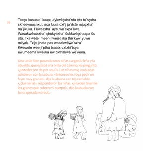 30
Teeçx kususte´ luuçx u´ykwẽçxha´nta e´tx tu´sçxha
skheewuuçnxu´, aça luula dxi´j ju´dxte yujuçxha´
na´jikuka. I´kwesxha´ aysuwe´sxpa´kwe.
Wasakwẽsxsxha´ çhukyakha´ ῦukkwëçxhaapa ῦu
jĩta. Txa´wẽte´ meen jĩwejet jika thẽ´kwe´ yuwe
milyak. Txijx jinata pas wasakwẽwe´sxha´.
Kwewete wee ji´pthu txaatx vxtxhi´txya
ewumeema´kwẽjika ew pxthakwẽ we´wena.
Una tarde iban pasando unas niñas cargando leña y la
abuelita, que estaba a la orilla del camino, les preguntó:
«¿Ustedes son de por aquí?». Las niñas muy asustadas
asintieron con la cabeza. «Entonces les voy a pedir un
favor muy grande», dijo la abuela con tono amable.
«¿Qué sería?», respondieron las niñas. «¿Pueden lavarme
los granos que cubren mi cuerpo?», dijo la abuela con
tono apesadumbrado.
 