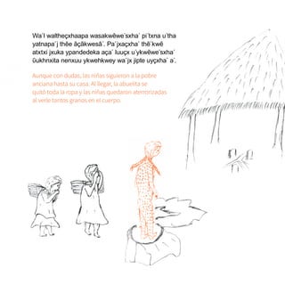 Wa´l waltheçxhaapa wasakwẽwe´sxha´ pi´txna u´tha
yatnapa´j thẽe ãçãkwesã´. Pa´jxaçxha´ thẽ´kwẽ
atxtxi jxuka ypandedeka aça´ luuçx u´ykwẽwe´sxha´
ῦukhnxita nenxuu ykwehkwey wa´jx jipte uyçxha´ a´.
Aunque con dudas, las niñas siguieron a la pobre
anciana hasta su casa. Al llegar, la abuelita se
quitó toda la ropa y las niñas quedaron aterrorizadas
al verle tantos granos en el cuerpo.
 
