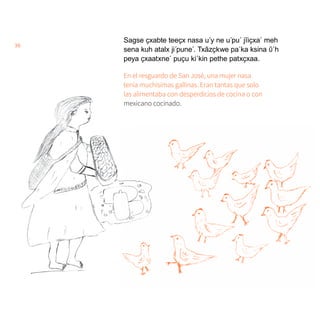 36
Sagse ҫxabte teeҫx nasa u´y ne u´pu´ jĩiҫxa´ meh
sena kuh atalx ji´pune´. Txãzҫkwe pa´ka ksina ῦ´h
peya ҫxaatxne´ puҫu ki´kin pethe patxҫxaa.
En el resguardo de San José, una mujer nasa
tenía muchísimas gallinas. Eran tantas que solo
las alimentaba con desperdicios de cocina o con
mexicano cocinado.
 