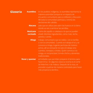 Glosario Asamblea
Macana
Mexicano
cocinado
Minga
Rozar y quemar
en los pueblos indígenas, la asamblea representa la
máxima autoridad porque es un espacio de
encuentro comunitario para la reflexión y discusión.
Allí toda la comunidad participa y orienta las
decisiones del cabildo.
palo que se utiliza para abrir los huecos en la tierra
donde se van a sembrar las semillas.
crema de zapallo o calabaza a la que se pueden
añadir distintos ingredientes, como maíz, leche,
panela y canela.
trabajo comunitario que se realiza con la familia
o con la comunidad. Cuando se trabaja el tul y se
convoca a minga, la gente participa de manera
activa, allí se comparte no solo el trabajo sino
cuentos, consejos y chistes. Quien convoca a la
minga, en reciprocidad, brinda chicha y alimentos
tradicionales.
actividades que permiten preparar el terreno para
hacer el tul. En algunos casos la rocería es el corte
de helechos o de maleza. Después de la roza, se
procede a quemar de manera controlada para hacer
más propicia la siembra.
 
