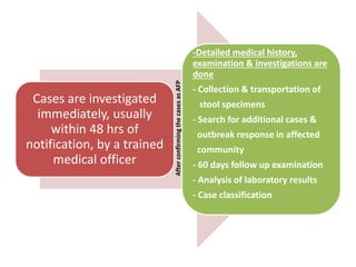 Cases are investigated
immediately, usually
within 48 hrs of
notification, by a trained
medical officer
-Detailed medical history,
examination & investigations are
done
- Collection & transportation of
stool specimens
- Search for additional cases &
outbreak response in affected
community
- 60 days follow up examination
- Analysis of laboratory results
- Case classification
AfterconfirmingthecasesasAFP
 