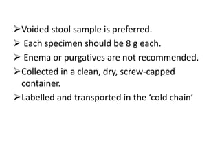 Voided stool sample is preferred.
 Each specimen should be 8 g each.
 Enema or purgatives are not recommended.
Collected in a clean, dry, screw-capped
container.
Labelled and transported in the ‘cold chain’
 