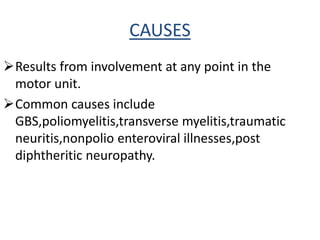 CAUSES
Results from involvement at any point in the
motor unit.
Common causes include
GBS,poliomyelitis,transverse myelitis,traumatic
neuritis,nonpolio enteroviral illnesses,post
diphtheritic neuropathy.
 