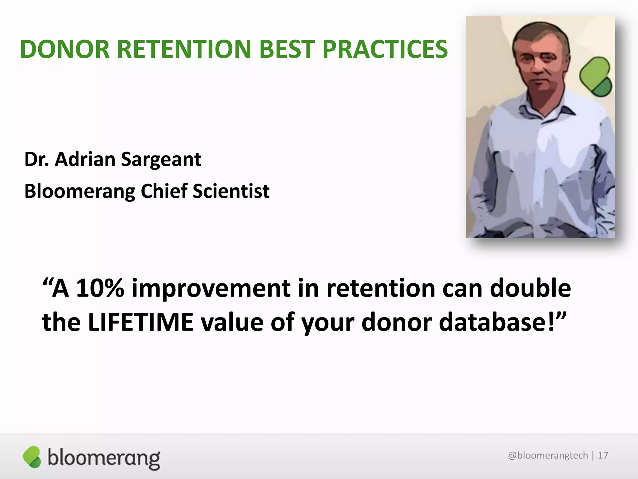 DONOR RETENTION BEST PRACTICES

Dr. Adrian Sargeant
Bloomerang Chief Scientist

“A 10% improvement in retention can double
the LIFETIME value of your donor database!”

@bloomerangtech | 17

 