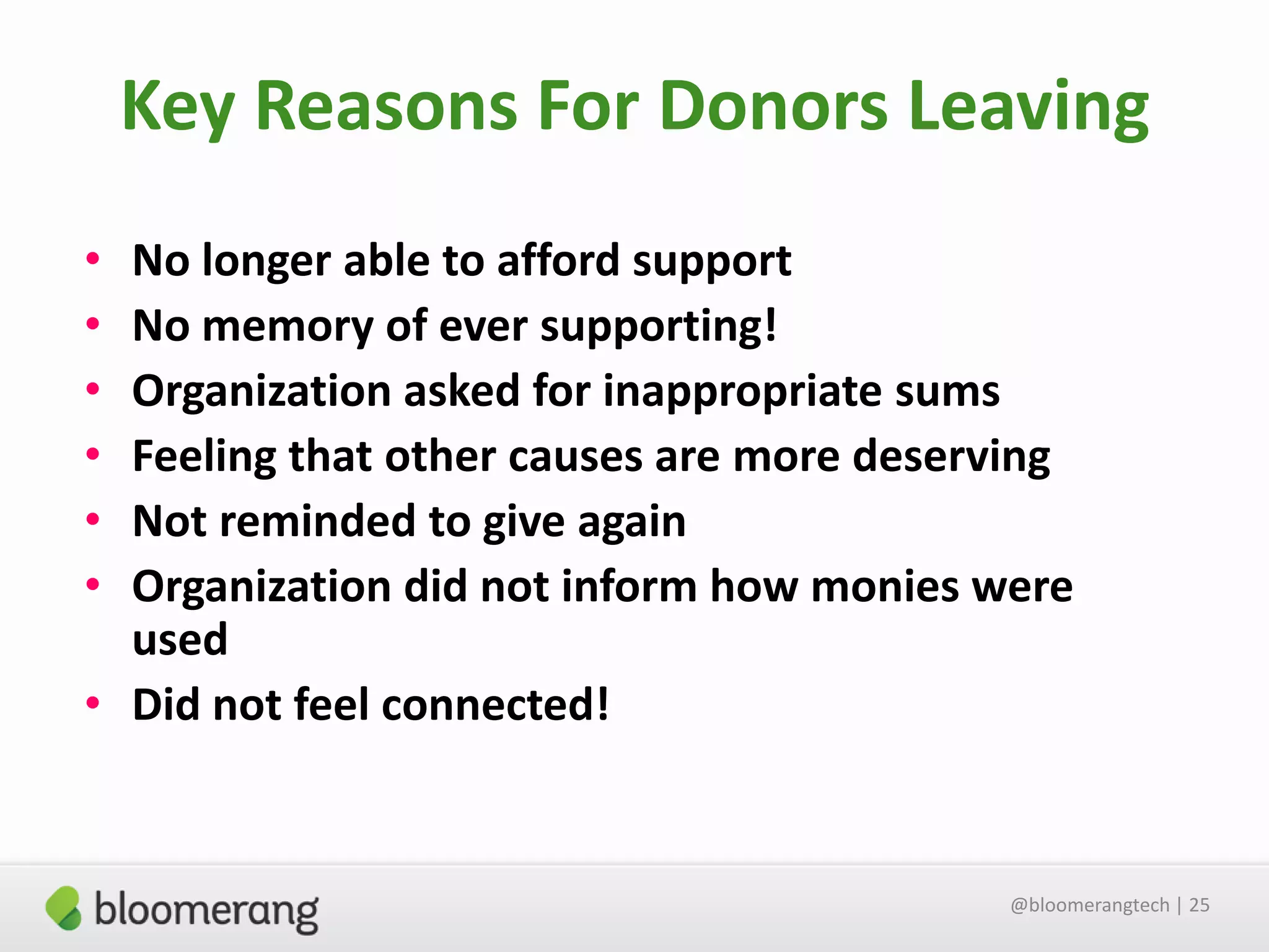 Key Reasons For Donors Leaving
•
•
•
•
•
•

No longer able to afford support
No memory of ever supporting!
Organization asked for inappropriate sums
Feeling that other causes are more deserving
Not reminded to give again
Organization did not inform how monies were
used
• Did not feel connected!

@bloomerangtech | 25

 