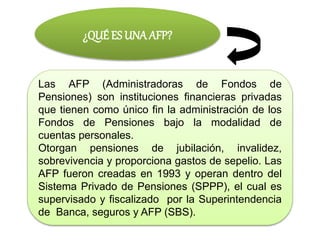 ¿QUÉ ES UNA AFP?
Las AFP (Administradoras de Fondos de
Pensiones) son instituciones financieras privadas
que tienen como único fin la administración de los
Fondos de Pensiones bajo la modalidad de
cuentas personales.
Otorgan pensiones de jubilación, invalidez,
sobrevivencia y proporciona gastos de sepelio. Las
AFP fueron creadas en 1993 y operan dentro del
Sistema Privado de Pensiones (SPPP), el cual es
supervisado y fiscalizado por la Superintendencia
de Banca, seguros y AFP (SBS).
 