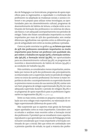 des de Pedagogia e as licenciaturas; programas de apoio espe-
cíficos para os ingressantes; a capacidade e a motivação dos
professores na adaptação às mudanças sociais; o acesso à in-
ternet e seu preparo para utilizar novas tecnologias; as opor-
tunidades para seu desenvolvimento cultural; programas de
desenvolvimento de hábitos de leitura; a relação entre as ins-
tituições de formação dos professores e os sistemas de educa-
ção básico; e um adequado acompanhamento nos períodos de
estágio. Todos eles foram considerados importantes ou muito
importantes por mais de 75% dos questionados, sem revelar
diferenças significativas nas opiniões entre os diferentes gru-
pos de antiguidade nem entre as escolas públicas e privadas.
   Como se pode constatar no gráfico 44, os fatores que mais
de 95% dos professores consideram importantes ou muito
importantes para formar um professor com qualidade são,
por ordem: o trabalho em equipe (97%), a formação continu-
ada (96,3%), a formação inicial (95,8%), ter oportunidades
para seu desenvolvimento cultural (95,5%), os programas de
incentivo e desenvolvimento do hábito de leitura (95,4%) e
as condições de trabalho (95,3%).
    Pelo contrário, os considerados menos importantes, assina-
lados por menos de 90% dos professores são, principalmente,
os relacionados com a supervisão, tanto no período de estágios
como no início da carreira profissional. da menor à maior im-
portância são eles: o acompanhamento ou supervisão durante
os primeiros meses ou anos de sua carreira (78,7%), contar com
um bom programa de estágio supervisionado (83,1%), ter uma
adequada supervisão durante o período de estágios (83,2%) e
os programas de apoio específicos para os professores ingres-
santes ou ingressantes (85,7%) (ver gráfico 44).
   entre os mais novos, constata-se pequena variação, em re-
lação aos seus colegas mais experientes, na valorização do es-
tágio supervisionado (diferença de quase 10%).
   Não surpreende que os aspectos mais gerais da formação
sejam apontados como os mais importantes. Coincidem com
os estudos e análises mais recentes sobre a formação inicial
dos professores. É provável que ao ressaltarem esses aspectos,
reproduzem o que aprenderam nos cursos de Pedagogia, tendo
inclusive considerado que é mais importante a formação con-
tinuada do que a inicial, fato que entra em contradição com
a primeira questão do estudo, na qual a maioria dos profes-
                                                                  53
 