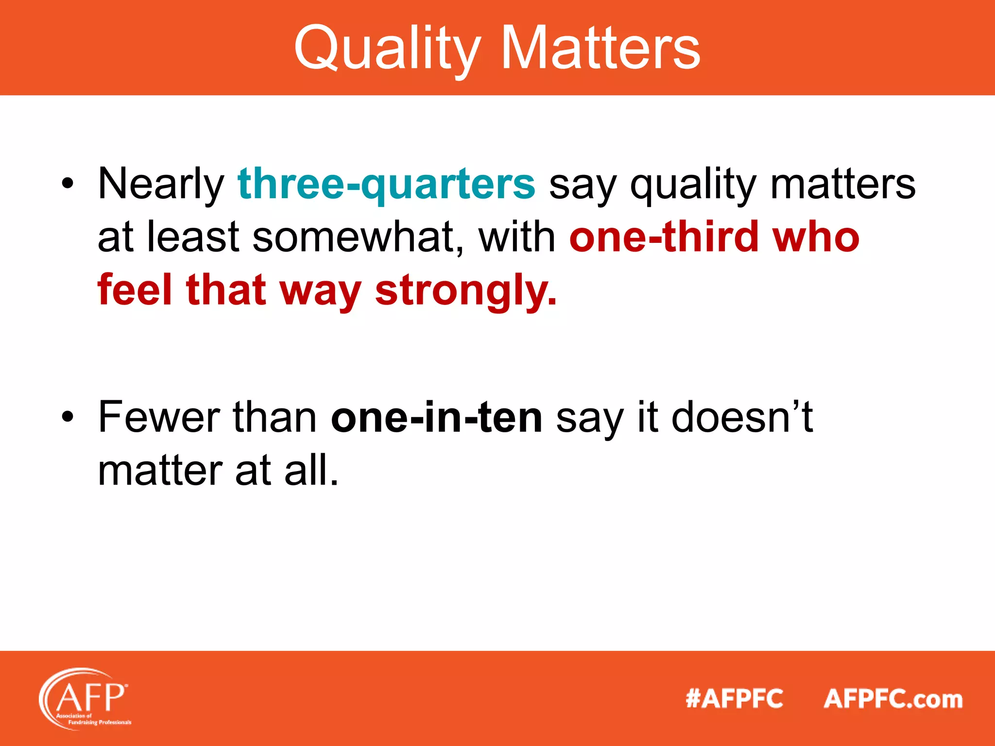 • Nearly three-quarters say quality matters
at least somewhat, with one-third who
feel that way strongly.
• Fewer than one-in-ten say it doesn’t
matter at all.
Quality Matters
 