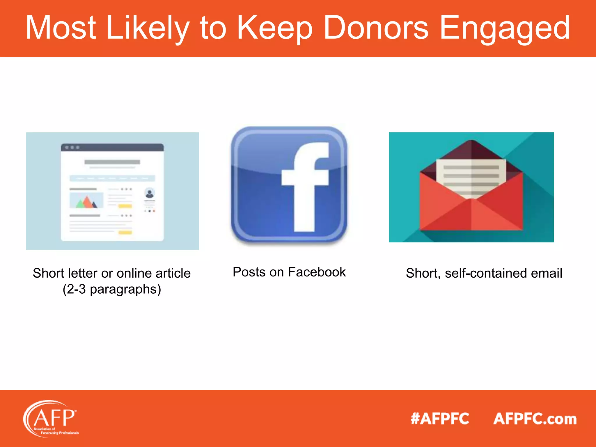 Most Likely to Keep Donors Engaged
Short, self-contained emailPosts on FacebookShort letter or online article
(2-3 paragraphs)
 