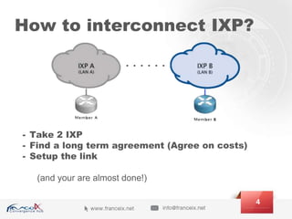 How to interconnect IXP?
- Take 2 IXP
- Find a long term agreement (Agree on costs)
- Setup the link
(and your are almost done!)
4
 