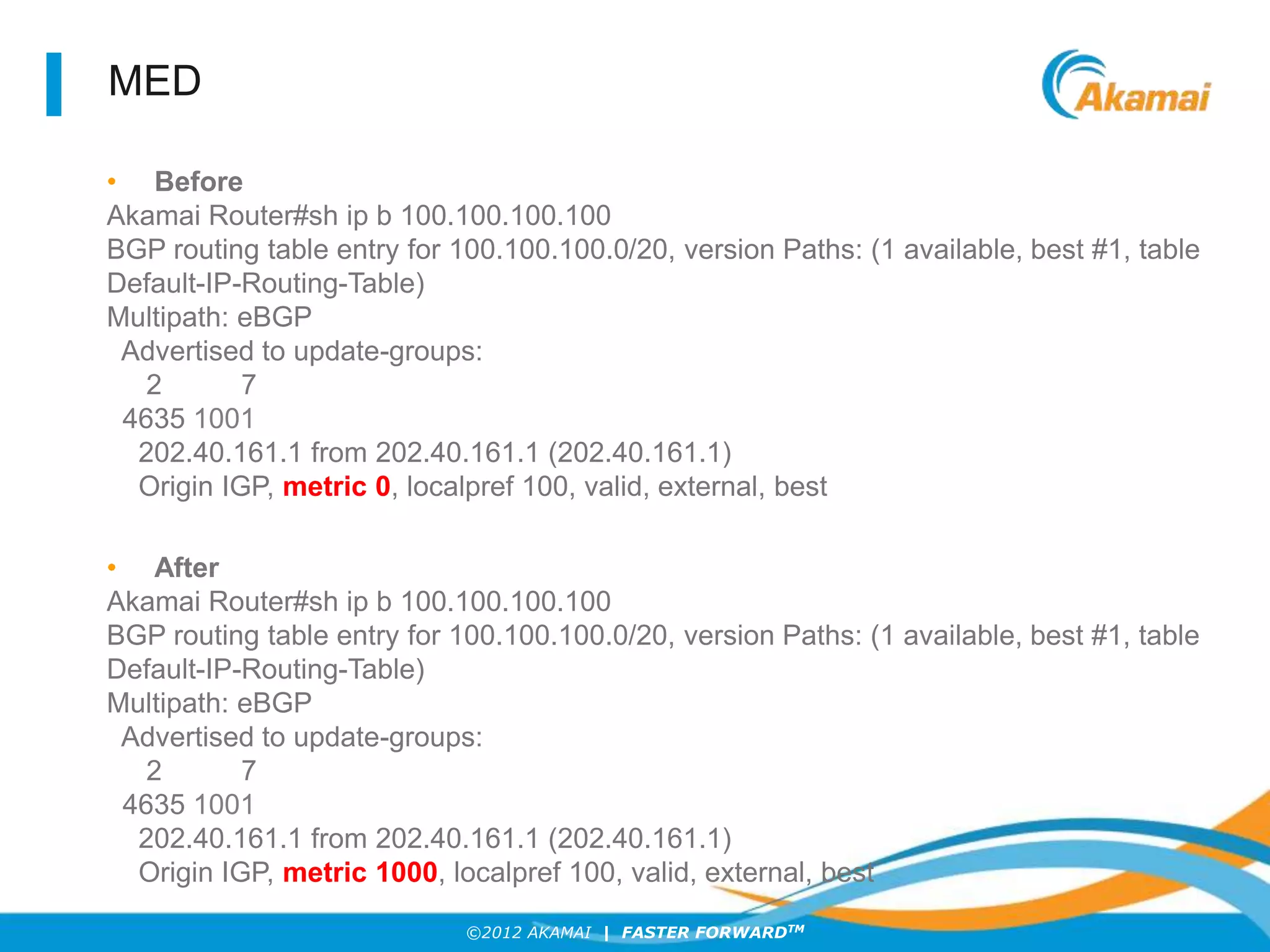 ©2012 AKAMAI | FASTER FORWARDTM
MED
• Before
Akamai Router#sh ip b 100.100.100.100
BGP routing table entry for 100.100.100.0/20, version Paths: (1 available, best #1, table
Default-IP-Routing-Table)
Multipath: eBGP
Advertised to update-groups:
2 7
4635 1001
202.40.161.1 from 202.40.161.1 (202.40.161.1)
Origin IGP, metric 0, localpref 100, valid, external, best
• After
Akamai Router#sh ip b 100.100.100.100
BGP routing table entry for 100.100.100.0/20, version Paths: (1 available, best #1, table
Default-IP-Routing-Table)
Multipath: eBGP
Advertised to update-groups:
2 7
4635 1001
202.40.161.1 from 202.40.161.1 (202.40.161.1)
Origin IGP, metric 1000, localpref 100, valid, external, best
 