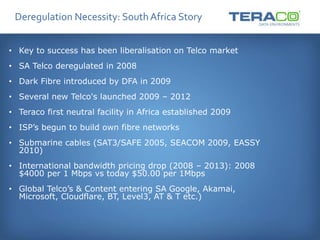 Deregulation Necessity: SouthAfrica Story
• Key to success has been liberalisation on Telco market
• SA Telco deregulated in 2008
• Dark Fibre introduced by DFA in 2009
• Several new Telco's launched 2009 – 2012
• Teraco first neutral facility in Africa established 2009
• ISP’s begun to build own fibre networks
• Submarine cables (SAT3/SAFE 2005, SEACOM 2009, EASSY
2010)
• International bandwidth pricing drop (2008 – 2013): 2008
$4000 per 1 Mbps vs today $50.00 per 1Mbps
• Global Telco’s & Content entering SA Google, Akamai,
Microsoft, Cloudflare, BT, Level3, AT & T etc.)
 