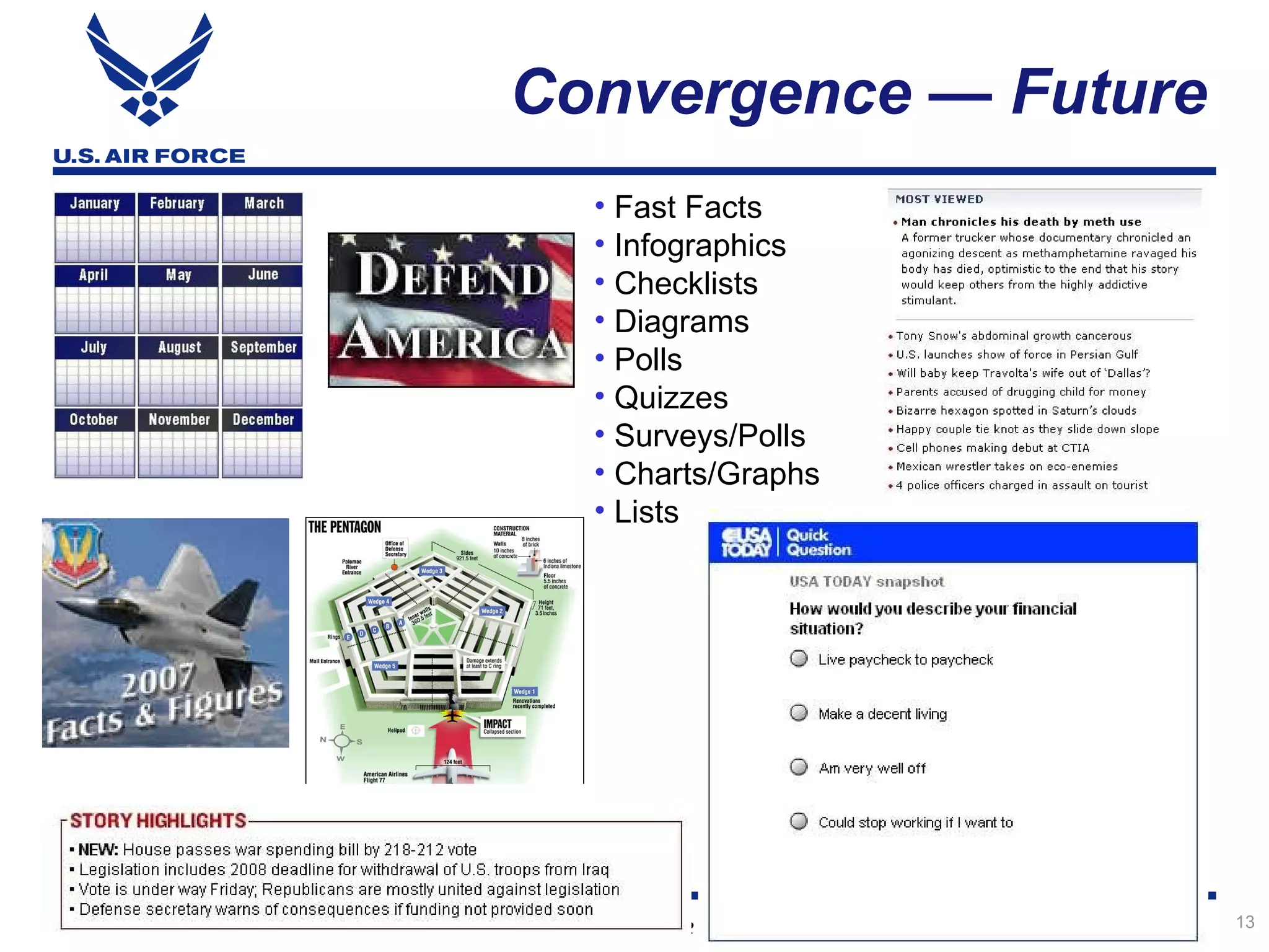 Convergence — Future
              • Fast Facts
              • Infographics
              • Checklists
              • Diagrams
              • Polls
              • Quizzes
              • Surveys/Polls
              • Charts/Graphs
              • Lists




Integrity - Service - Excellence   13
 