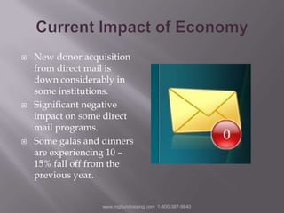 Current Impact of EconomyNew donor acquisition from direct mail is down considerably in some institutions.Significant negative impact on some direct mail programs.Some galas and dinners are experiencing 10 – 15% fall off from the previous year.www.mgifundraising.com  1-800-387-9840
