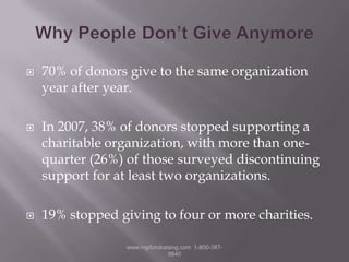 Why People Don’t Give Anymore70% of donors give to the same organization year after year.In 2007, 38% of donors stopped supporting a charitable organization, with more than one-quarter (26%) of those surveyed discontinuing support for at least two organizations.19% stopped giving to four or more charities.www.mgifundraising.com  1-800-387-9840