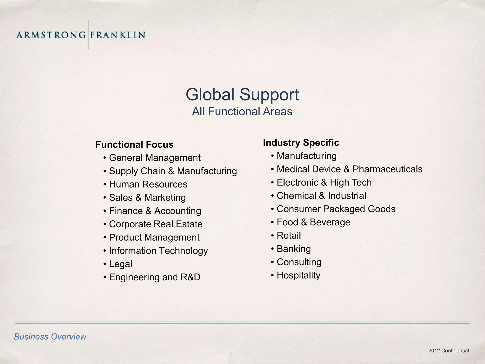 Global Support
                                         All Functional Areas

                    Functional Focus                   Industry Specific
                     • General Management                • Manufacturing
                     • Supply Chain & Manufacturing      • Medical Device & Pharmaceuticals
                     • Human Resources                   • Electronic & High Tech
                     • Sales & Marketing                 • Chemical & Industrial
                     • Finance & Accounting              • Consumer Packaged Goods
                     • Corporate Real Estate             • Food & Beverage
                     • Product Management                • Retail
                     • Information Technology            • Banking
                     • Legal                             • Consulting
                     • Engineering and R&D               • Hospitality




Business Overview
                                                                                              2012 Confidential
 