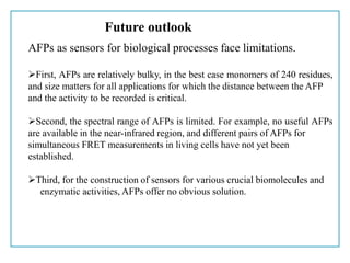 AFPs as sensors for biological processes face limitations.
First, AFPs are relatively bulky, in the best case monomers of 240 residues,
and size matters for all applications for which the distance between the AFP
and the activity to be recorded is critical.
Second, the spectral range of AFPs is limited. For example, no useful AFPs
are available in the near-infrared region, and different pairs of AFPs for
simultaneous FRET measurements in living cells have not yet been
established.
Third, for the construction of sensors for various crucial biomolecules and
enzymatic activities, AFPs offer no obvious solution.
Future outlook
 