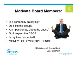 Motivate Board Members:
•  Is it personally satisfying?
•  Do I like the group?
•  Am I passionate about the cause?
•  Do I respect the CEO?
•  Is my time respected?
•  MONEY FOLLOWS EXPERIENCE
What Nonprofit Boards Want
June Bradham
26
 