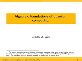 Algebraic foundations of quantum
computing1
January 26, 2021
1
If you are a teacher/lecturer/professor, and would like to use these notes for any course you are
teaching, please go ahead! I would appreciate you letting me know at michael.mcgettrick@nuigalway.ie,
then I can even send you PDF without the URL at the bottom, or source L
A
TEX
http://www.maths.nuigalway.ie/∼gettrick/teach/ma437/ 1
 