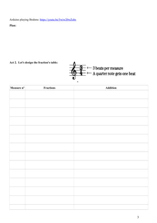 Arduino playing Brahms: https://youtu.be/5wiw20wZobs
Plan:
Act 2. Let's design the fraction's table:
Measure nº Fractions ...