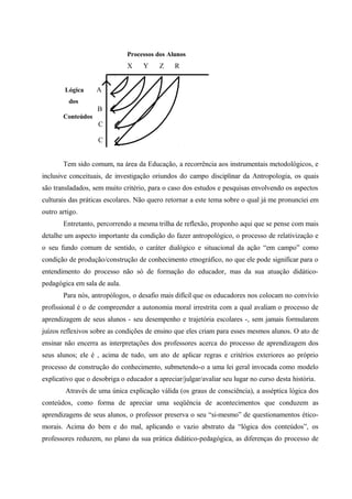 Processos dos Alunos
X Y Z R
Lógica A
dos
B
Conteúdos
C
C
Tem sido comum, na área da Educação, a recorrência aos instrumentais metodológicos, e
inclusive conceituais, de investigação oriundos do campo disciplinar da Antropologia, os quais
são transladados, sem muito critério, para o caso dos estudos e pesquisas envolvendo os aspectos
culturais das práticas escolares. Não quero retornar a este tema sobre o qual já me pronunciei em
outro artigo.
Entretanto, percorrendo a mesma trilha de reflexão, proponho aqui que se pense com mais
detalhe um aspecto importante da condição do fazer antropológico, o processo de relativização e
o seu fundo comum de sentido, o caráter dialógico e situacional da ação “em campo” como
condição de produção/construção de conhecimento etnográfico, no que ele pode significar para o
entendimento do processo não só de formação do educador, mas da sua atuação didático-
pedagógica em sala de aula.
Para nós, antropólogos, o desafio mais difícil que os educadores nos colocam no convívio
profissional é o de compreender a autonomia moral irrestrita com a qual avaliam o processo de
aprendizagem de seus alunos - seu desempenho e trajetória escolares -, sem jamais formularem
juízos reflexivos sobre as condições de ensino que eles criam para esses mesmos alunos. O ato de
ensinar não encerra as interpretações dos professores acerca do processo de aprendizagem dos
seus alunos; ele é , acima de tudo, um ato de aplicar regras e critérios exteriores ao próprio
processo de construção do conhecimento, submetendo-o a uma lei geral invocada como modelo
explicativo que o desobriga o educador a apreciar/julgar/avaliar seu lugar no curso desta história.
Através de uma única explicação válida (os graus de consciência), a asséptica lógica dos
conteúdos, como forma de apreciar uma seqüência de acontecimentos que conduzem as
aprendizagens de seus alunos, o professor preserva o seu “si-mesmo” de questionamentos ético-
morais. Acima do bem e do mal, aplicando o vazio abstrato da “lógica dos conteúdos”, os
professores reduzem, no plano da sua prática didático-pedagógica, as diferenças do processo de
 
