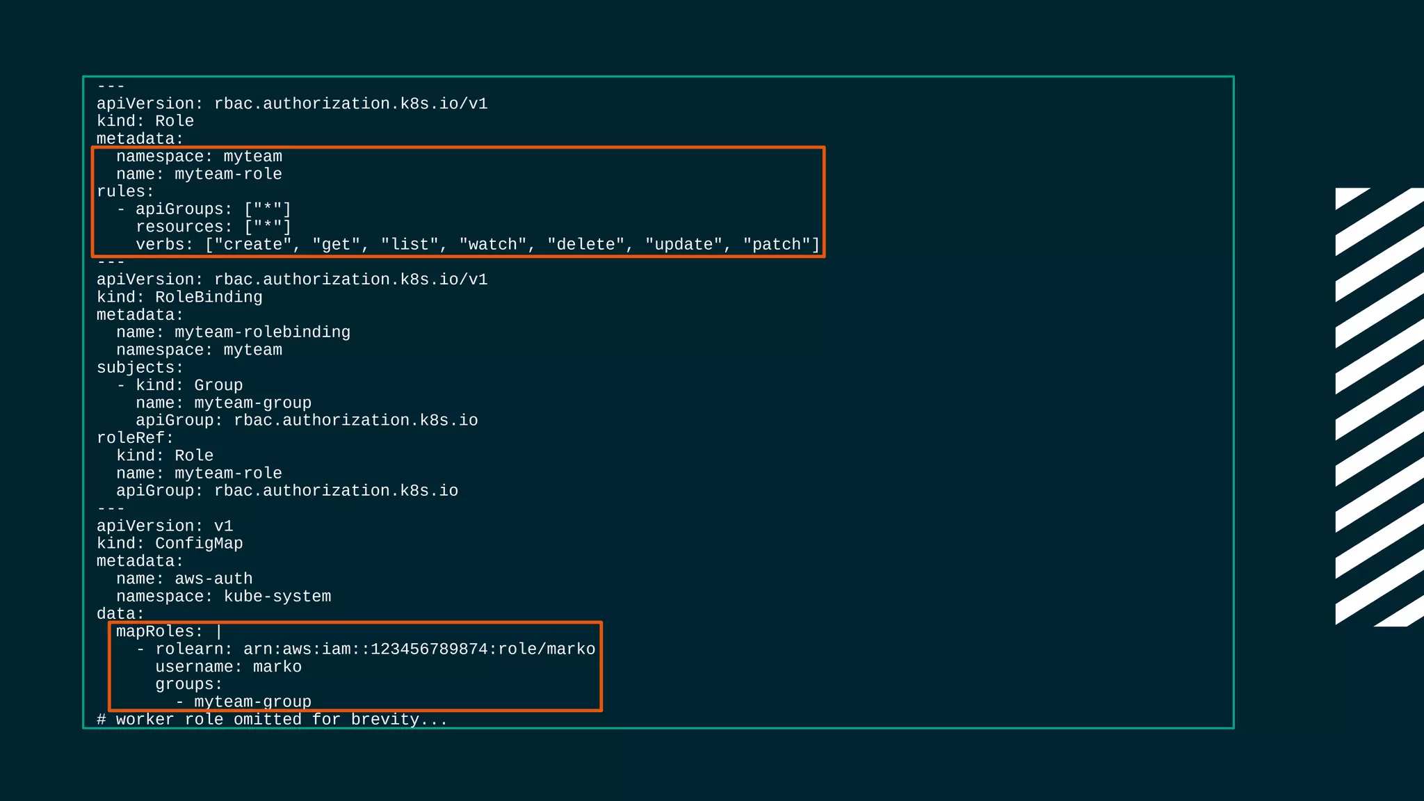 ---
apiVersion: rbac.authorization.k8s.io/v1
kind: Role
metadata:
namespace: myteam
name: myteam-role
rules:
- apiGroups: ["*"]
resources: ["*"]
verbs: ["create", "get", "list", "watch", "delete", "update", "patch"]
---
apiVersion: rbac.authorization.k8s.io/v1
kind: RoleBinding
metadata:
name: myteam-rolebinding
namespace: myteam
subjects:
- kind: Group
name: myteam-group
apiGroup: rbac.authorization.k8s.io
roleRef:
kind: Role
name: myteam-role
apiGroup: rbac.authorization.k8s.io
---
apiVersion: v1
kind: ConfigMap
metadata:
name: aws-auth
namespace: kube-system
data:
mapRoles: |
- rolearn: arn:aws:iam::123456789874:role/marko
username: marko
groups:
- myteam-group
# worker role omitted for brevity...
 