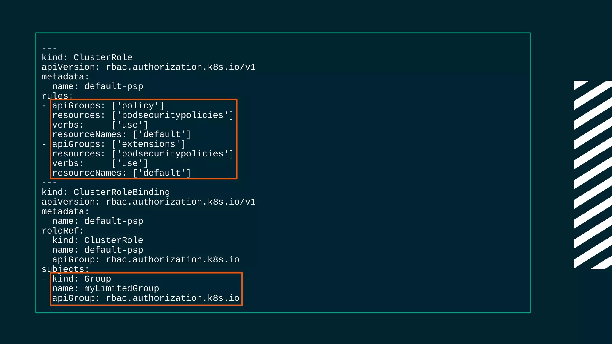 ---
kind: ClusterRole
apiVersion: rbac.authorization.k8s.io/v1
metadata:
name: default-psp
rules:
- apiGroups: ['policy']
resources: ['podsecuritypolicies']
verbs: ['use']
resourceNames: ['default']
- apiGroups: ['extensions']
resources: ['podsecuritypolicies']
verbs: ['use']
resourceNames: ['default']
---
kind: ClusterRoleBinding
apiVersion: rbac.authorization.k8s.io/v1
metadata:
name: default-psp
roleRef:
kind: ClusterRole
name: default-psp
apiGroup: rbac.authorization.k8s.io
subjects:
- kind: Group
name: myLimitedGroup
apiGroup: rbac.authorization.k8s.io
 