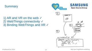 #FullStackCon 2019 37 http://purl.org/aframe-webthing
Summary
1) AR and VR on the web ✓
2) WebThings connectivity ✓
3) Bin...