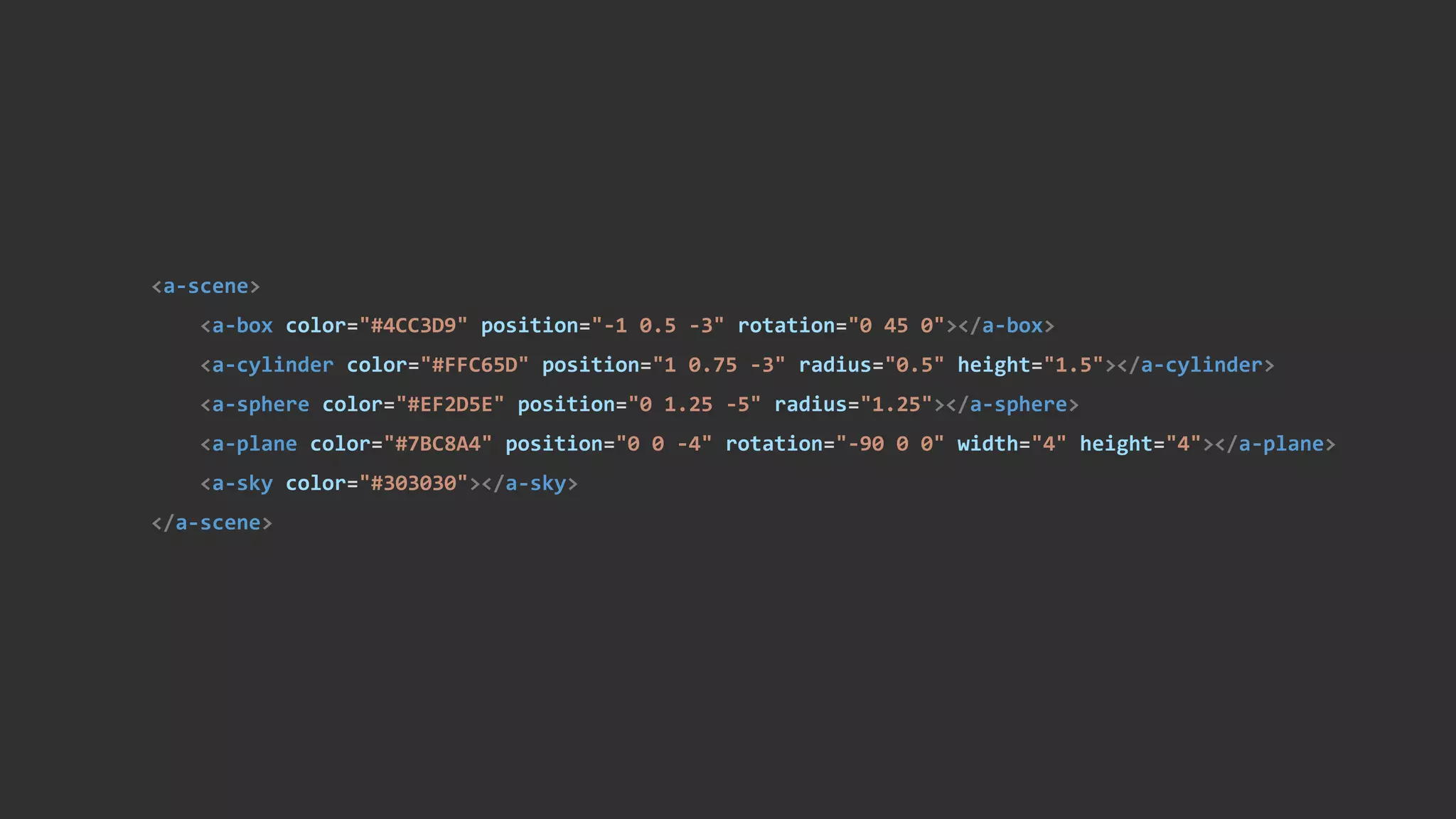 <a-scene>
<a-box color="#4CC3D9" position="-1 0.5 -3" rotation="0 45 0"></a-box>
<a-cylinder color="#FFC65D" position="1 0.75 -3" radius="0.5" height="1.5"></a-cylinder>
<a-sphere color="#EF2D5E" position="0 1.25 -5" radius="1.25"></a-sphere>
<a-plane color="#7BC8A4" position="0 0 -4" rotation="-90 0 0" width="4" height="4"></a-plane>
<a-sky color="#303030"></a-sky>
</a-scene>
 