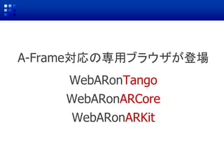 A-Frame対応の専用ブラウザが登場
WebARonTango
WebARonARCore
WebARonARKit
 