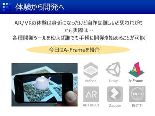 体験から開発へ
Zappar
A-FrameVuforia
ARToolKit ENTiTi
AR/VRの体験は身近になったけど自作は難しいと思われがち
でも実際は…
各種開発ツールを使えば誰でも手軽に開発を始めることが可能
今日はA-Frameを紹介
Unity
 
