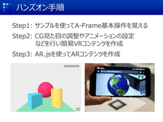ハンズオン手順
Step1: サンプルを使ってA-Frame基本操作を覚える
Step2: CG見た目の調整やアニメーションの設定
などを行い簡易VRコンテンツを作成
Step3: AR.jsを使ってARコンテンツを作成
 