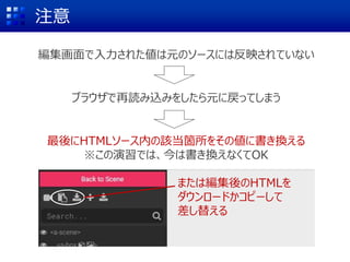 注意
編集画面で入力された値は元のソースには反映されていない
ブラウザで再読み込みをしたら元に戻ってしまう
最後にHTMLソース内の該当箇所をその値に書き換える
※この演習では、今は書き換えなくてOK
または編集後のHTMLを
ダウンロードかコピーして
差し替える
 