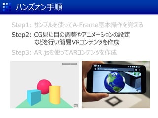 ハンズオン手順
Step1: サンプルを使ってA-Frame基本操作を覚える
Step2: CG見た目の調整やアニメーションの設定
などを行い簡易VRコンテンツを作成
Step3: AR.jsを使ってARコンテンツを作成
 
