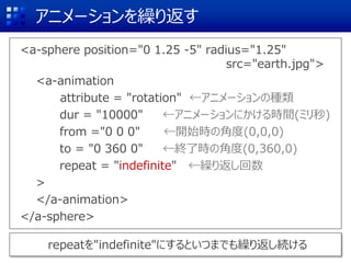 アニメーションを繰り返す
<a-sphere position="0 1.25 -5" radius="1.25"
src="earth.jpg">
<a-animation
attribute = "rotation" ←アニメーションの種類
dur = "10000" ←アニメーションにかける時間(ミリ秒)
from ="0 0 0" ←開始時の角度(0,0,0)
to = "0 360 0" ←終了時の角度(0,360,0)
repeat = "indefinite" ←繰り返し回数
>
</a-animation>
</a-sphere>
repeatを"indefinite"にするといつまでも繰り返し続ける
 