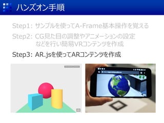 ハンズオン手順
Step1: サンプルを使ってA-Frame基本操作を覚える
Step2: CG見た目の調整やアニメーションの設定
などを行い簡易VRコンテンツを作成
Step3: AR.jsを使ってARコンテンツを作成
 