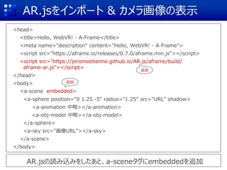 AR.jsをインポート & カメラ画像の表示
<head>
<title>Hello, WebVR! - A-Frame</title>
<meta name="description" content="Hello, WebVR! - A-Frame">
<script src="https://aframe.io/releases/0.7.0/aframe.min.js"></script>
<script src="https://jeromeetienne.github.io/AR.js/aframe/build/
aframe-ar.js"></script>
</head>
<body>
<a-scene>
<a-sphere position="0 1.25 -5" radius="1.25" src="URL" shadow>
<a-animation 中略></a-animation>
<a-obj-model 中略></a-obj-model>
</a-sphere>
<a-sky src="画像URL"></a-sky>
</a-scene>
</body>
AR.jsの読み込みをしたあと、a-sceneタグにembeddedを追加
追加
<a-scene embedded>
追加
 