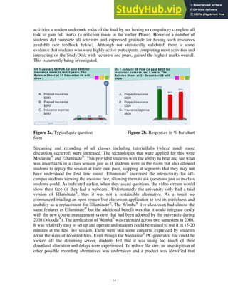 activities a student undertook reduced the load by not having to compulsory complete all
task to gain full marks (a criticism made in the earlier Phase). However a number of
students did complete all activities and expressed gratitude for having such resources
available (see feedback below). Although not statistically validated, there is some
evidence that students who were highly active participants completing most activities and
interacting on the StudyDesk with lecturers and peers, gained the highest marks overall.
This is currently being investigated.
53
On 1 January 06 Pink Co paid $900 for
insurance cover to last 3 years. The
Balance Sheet at 31 December 06 w ill
show :
1 2 3
0% 0%
0%
A. Prepaid insurance
$600
B. Prepaid insurance
$300
C. Insurance expense
$600
10
0 of 45 53
On 1 January 06 Pink Co paid $900 for
insurance cover to last 3 years. The
Balance Sheet at 31 December 06 w ill
show :
1 2 3
37%
33%
30%
A. Prepaid insurance
$600
B. Prepaid insurance
$300
C. Insurance expense
$600
Figure 2a. Typical quiz question Figure 2b. Responses in % bar chart
form
Streaming and recording of all classes including tutorial/labs (where much more
discussion occurred) were increased. The technologies that were applied for this were
Mediasite®
and Elluminate®
. This provided students with the ability to hear and see what
was undertaken in a class session just as if students were in the room but also allowed
students to replay the session at their own pace, stopping at segments that they may not
have understood the first time round. Elluminate®
increased the interactivity for off-
campus students viewing the sessions live, allowing them to ask questions just as in-class
students could. As indicated earlier, when they asked questions, the video stream would
show their face (if they had a webcam). Unfortunately the university only had a trial
version of Elluminate®
; thus it was not a sustainable alternative. As a result we
commenced trialling an open source live classroom application to test its usefulness and
usability as a replacement for Elluminate®
. The Wimba®
live classroom had almost the
same features as Elluminate®
but the additional benefit was that it could integrate easily
with the new course management system that had been adopted by the university during
2008 (Moodle®
). The application of Wimba®
was extended across two semesters in 2008.
It was relatively easy to set up and operate and students could be trained to use it in 15-20
minutes at the first live session. There were still some concerns expressed by students
about the sizes of recorded files. Even though the Mediasite®
PC-generated file could be
viewed off the streaming server, students felt that it was using too much of their
download allocation and delays were experienced. To reduce file size, an investigation of
other possible recording alternatives was undertaken and a product was identified that
14
 