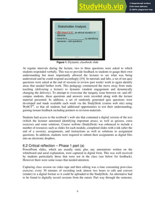 Figure 1. Dynamic classbook slide
At regular intervals during the lecture, two to three questions were asked to which
students responded verbally. This was to provide feedback to students to gauge their own
understanding but more importantly allowed the lecturer to see what was being
understood and he could respond accordingly [19]. In tutorials and labs, a set of ten quiz
questions were asked at the end of sessions to review past weeks' work to again identify
areas that needed further work. This pedagogy commenced the move away from static
teaching (delivering a lecture) to dynamic (student engagement and dynamically
changing the delivery). To attempt to overcome the inequity issue between on- and off-
campus students, these questions and answers were recorded along with the lecture
material presented. In addition, a set of randomly generated quiz questions were
developed and made available each week via the StudyDesk (course web site) using
WebCT®
, so that all students had additional opportunities to test their understanding,
gaining instant feedback including pointers to revision materials.
Students had access to the textbook’s web site that contained a digital version of the text
(which the lecturer annotated identifying important areas), as well as quizzes, extra
exercises and some solutions. Course website (StudyDesk) was enhanced to include a
number of resources such as slides for each module, completed slides with e-ink (after the
end of a session), assignments, and instructions as well as solutions to assignment
questions. In addition, students were required to submit their assignments as digital files
into an electronic dropbox.
6.2 Critical reflection – Phase 1 part (a)
PowerPoint slides, which are usually static plus any annotations written on the
whiteboard and aural explanation, were captured in digital form. This was well received
by students particularly those that were not in the class (see below for feedback).
However there were some issues that needed attention.
Capturing class session on video tape and then editing was a time consuming post-class
exercise; every 30 minutes of recording took almost two hours to edit and convert
(render) to a digital format so it could be uploaded to the StudyDesk. An alternative had
to be found to digitally record sessions from the outset. Part way through the semester,
6
 