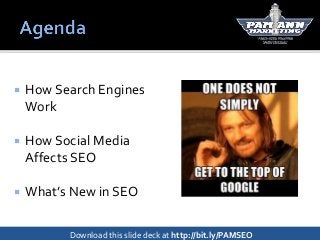  Please hold questions until the end!
Download this slide deck at http://bit.ly/PAMSEO
 